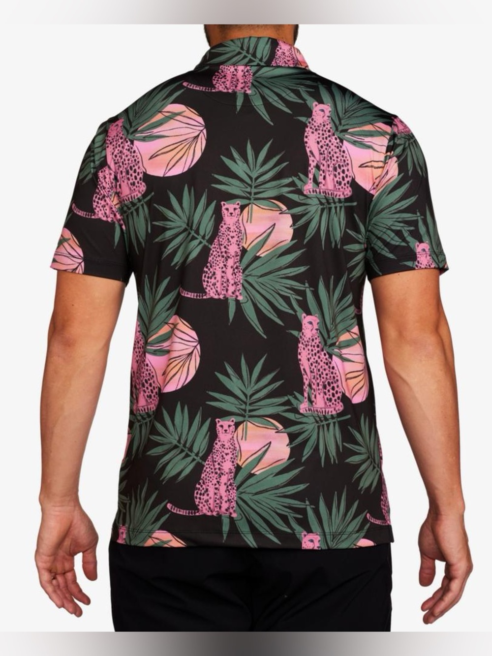 Bad Birdie Cheetah Tropical Golf Polo Men’s L Black Pink Performance Shirt - Picture 2 of 11